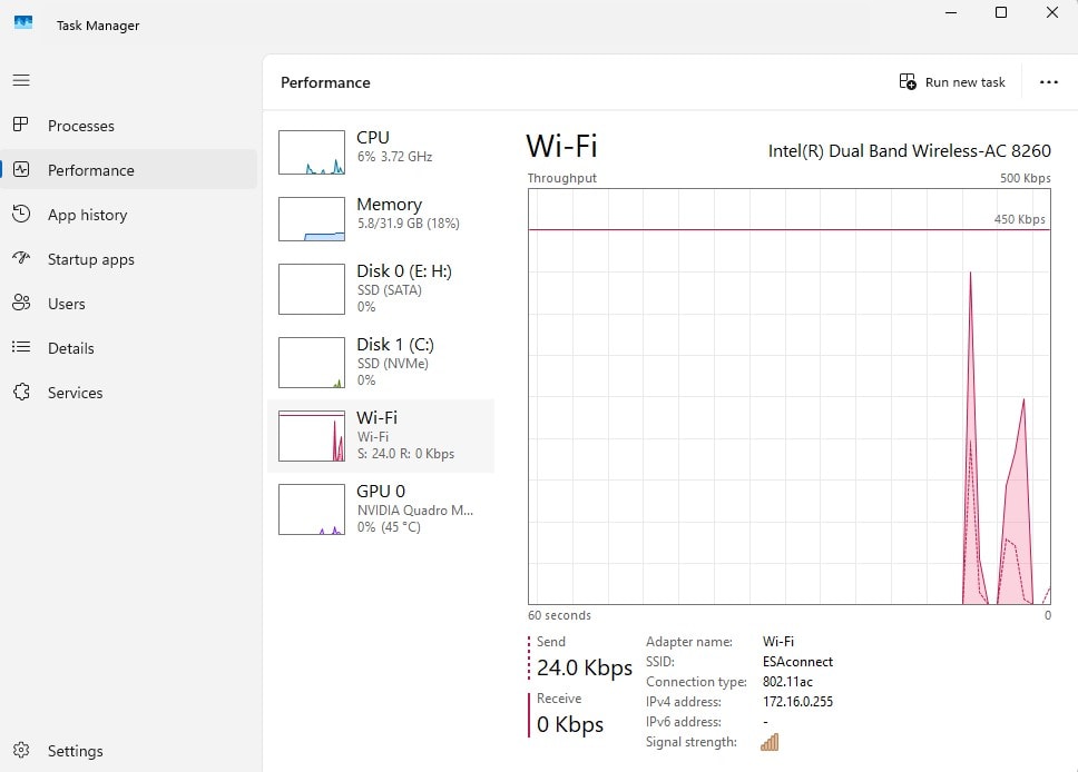 Windows Task Manager Performance tab showing CPU, memory, disk, Wi-Fi, and GPU metrics — illustrating system health monitoring during a computer tune-up